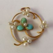 LATE 19TH CENTURY TURQUOISE AND SEED PEARL PENDANT, a central clover with turquoise leaves and a