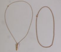 9ct GOLD CHAIN NECKLACE, WITH RING CLASP AND ANOTHER with gold plated letter ‘w’ pendant, 4gms of