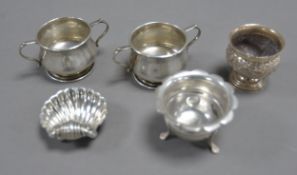 PAIR OF INTER-WAR YEARS SILVER TWO HANDLED SALT-CELLARS without glass liners, Birmingham 1920.