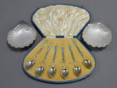 CASED SET OF SIX SILVER-GILT and ENAMEL TEASPOONS, Birmingham 1929. Together with a pair of LATE