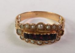 19TH CENTURY FRENCH 18CT GOLD GARNET AND SEED PEARL RING, five graduated cushion-cut garnets