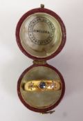 VICTORIAN 18CT GOLD SAPPHIRE AND DIAMOND RING, a cushion-cut sapphire and two old-cut diamonds