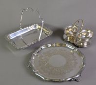 ELECTROPLATED SALVER, with foliate engraved centre and scroll feet, OBLONG SWING HANDLED CAKE BASKET