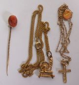 9CT GOLD ST CHRISTOPHER PENDANT AND A 9CT GOLD CROSS PENDANT ON A FINE CHAIN, 1.8g gross; A CARVED