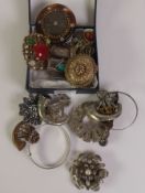 COSUME JEWELLERY: including semi-precious stone set kilt brooches, scarf clips and military cap