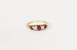 18ct GOLD DIAMOND AND RUBY RING, with a lozenge shaped setting of two small old cut diamonds,