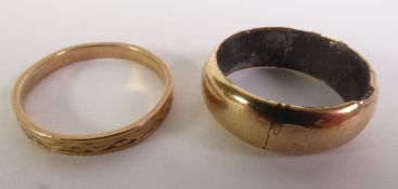 PROBABLY ROLLED GOLD BROAD BAND RING, with convex sides AND A NARROW 9ct GOLD BAND RING, with scroll
