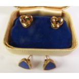 PAIR OF LAPIS LAZULI STUD EARRINGS, kite-shaped lapis lazuli inset into 9ct gold frames, with post