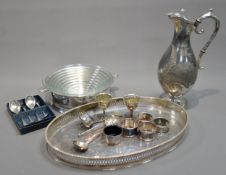 ELECTRO-PLATED OVAL GALLERIED TRAY, A LATE VICTORIAN E P B M CLARET JUG, A 1930's PLATED VEGETABLE