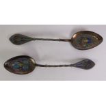 PAIR OF FOREIGN SILVER COLOURED FILIGREE METAL (800 STANDARD) AND ENAMELLED COFFEE SPOONS, 4” (10.