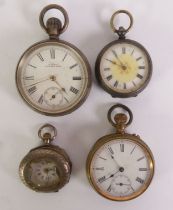 SILVER OPEN FACED POCKET WATCH, keyless movement, white Roman dial with a subsidiary seconds dial,