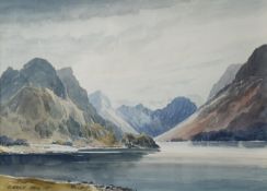EDWIN GRIEG HALL (1929-2017) WATERCOLOUR ‘Crummock Water Early Morning’ Signed lower left, signed,