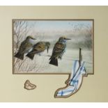 CHRIS SHIELDS (TWENTIETH/ TWENTY FIRST CENTURY) GOUACHE Three starlings on a washing line, a