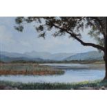 MARGARET BROWN (TWENTIETH/ TWENTY FIRST CENTURY) OIL ON CANVAS Lake with hills in background