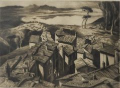 HAYTON ARTIST SIGNED ORIGINAL ETCHING ‘Bracchiano’, roof top view of coastal village 9” x 12” (