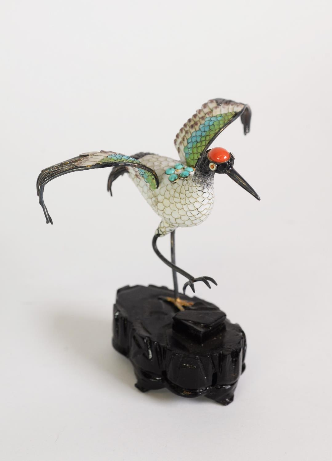 ORIENTAL FILIGREE STERLING SILVER AND CLOISONNÉ MODEL OF A CRANE,