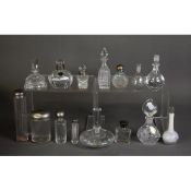 ELEVEN GLASS SCENT BOTTLES AND STOPPERS, including a L S A ‘CORDELIA’ EXAMPLE, TWO WITH SILVER