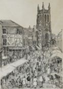 P D HANCOCK (TWENTIETH/ TWENTY FIRST CENTURY) PEN AND WASH ‘Stockport Market, Cheshire’ Signed,