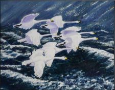 JEAN A HIGHAM (TWENTIETH/ TWENTY FIRST CENTURY) WATERCOLOUR ‘Seven Swans A-Flying’ Labelled verso