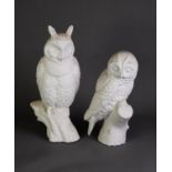 JOHN BOURDEAUX, SCILLY ISLES POTTERY, TWO BISQUE PORCELAIN MODELS OF OWLS, one long eared, the other