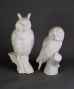 JOHN BOURDEAUX, SCILLY ISLES POTTERY, TWO BISQUE PORCELAIN MODELS OF OWLS, one long eared, the other
