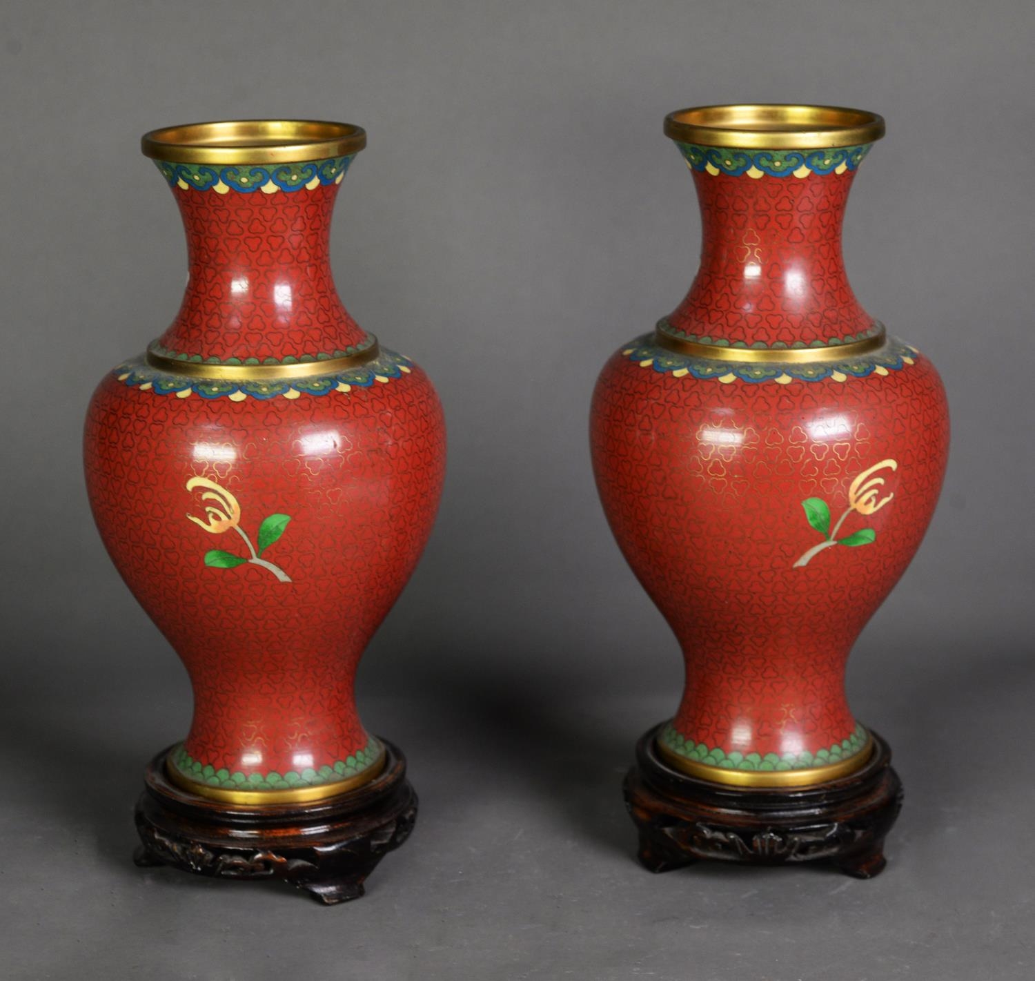 PAIR OF MODERN CHINESE CLOISONNÉ VASES, each of baluster form with waisted neck, decorated in - Image 2 of 2