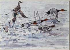 JAMES McCULLUM (TWENTIETH/ TWENTY FIRST CENTURY) WATERCOLOUR Five water fowl taking off at Holkham