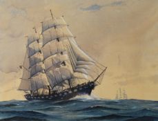 JOHN CORCORAN (b.1940) WATERCOLOUR ‘A Freshening Wind’, a clipper ship under full sail Signed