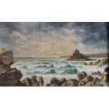 MICHAEL J PRAED (b.1941) OIL ON BOARD Waves breaking on a rocky shore, Mount St Michael in
