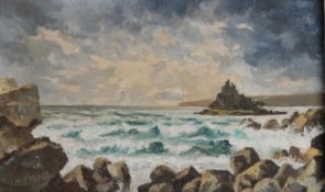 MICHAEL J PRAED (b.1941) OIL ON BOARD Waves breaking on a rocky shore, Mount St Michael in