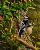 RALPH WATERHOUSE (b.1943) GOUACHE Pair of woodpeckers on a tree trunk Signed lower left 10 ½” x 8 ½”