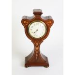 EDWARDIAN INLAID MAHOGANY MANTLE CLOCK, with 3 ½” Arabic dial, drum shaped movement by Duverdry &