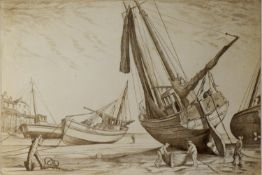 EDWARD BOUVERIE HOYTON (1900-1988) ARTIST SIGNED ORIGINAL SEPIA ETCHING Cornish harbour scene with