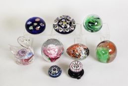 NINE MODERN GLASS PAPERWEIGHTS, including; a ‘MADE IN SCOTLAND’ SWAN PATTERN example, TWO MDINA