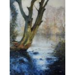 MARGARET BROWN (TWENTIETH/ TWENTY FIRST CENTURY) OIL ON CANVAS ‘Autumn, River Lune’ Initialled,