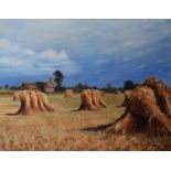 MARGARET BROWN (TWENTIETH/ TWENTY FIRST CENTURY) OIL ON CANVAS Field of stacked wheatsheaves, farm
