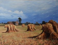 MARGARET BROWN (TWENTIETH/ TWENTY FIRST CENTURY) OIL ON CANVAS Field of stacked wheatsheaves, farm