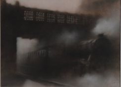 MARTIN J DOBSON (b.1947) CHARCOAL DRAWING ‘Under a Bridge’ a passing train Signed, labelled verso