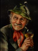 GARTNER (NINETEENTH/ TWENTIETH CENTURY) OIL ON BOARD Man with feather in his hat holding a glass