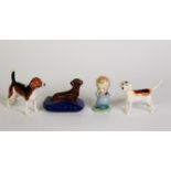 TWO BESWICK CHINA MODELS OF FOXHOUNDS, together with a WADE SMALL FIGURE, ‘I’VE A BEAR BEHIND’,