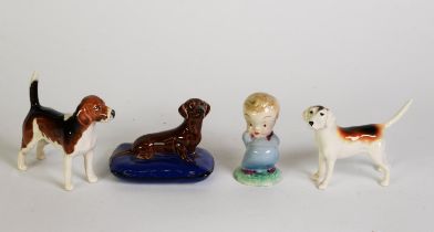TWO BESWICK CHINA MODELS OF FOXHOUNDS, together with a WADE SMALL FIGURE, ‘I’VE A BEAR BEHIND’,