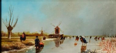 A KARELS (b.1931) (Dutch School) OIL ON PANEL Landscape with two windmills and numerous figures