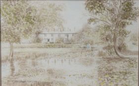 CHRISTINE MOLLION (TWENTIETH/ TWENTY FIRST CENTURY) SEPIA WATERCOLOUR ‘Oak Cottages, Styal’