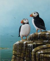 RALPH WATERHOUSE (b.1943) GOUACHE Two puffins on a cliff top Signed lower right 11 ½” x 9 ¼” (29.2cm