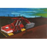 UNATTRIBUTED (TWENTIETH/ TWENTY FIRST CENTURY) OIL ON BOARD Red JCB type digger Unsigned 24” x