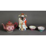 MODERN CHINESE PORCELAIN FIGURE OF A MANDARIN, 8 ¼” (20.9cm) high, together with a TEAPOT, enamelled