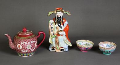 MODERN CHINESE PORCELAIN FIGURE OF A MANDARIN, 8 ¼” (20.9cm) high, together with a TEAPOT, enamelled