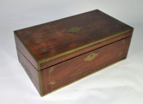 GOOD QUALITY EARLY NINETEENTH CENTURY BRASS INLAID ROSEWOOD LARGE PORTABLE WRITING SLOPE, of typical