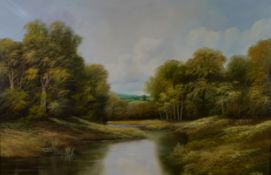 ANDREW GRANT KURTIS (20TH CENTURY), oil on canvas of a woodland lake with fields behind, signed