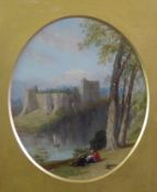 BRITISH SCHOOL (NINETEENTH CENTURY) OIL PAINTING ON BOARD, OVAL 'Chepstow Castle, South Wales'